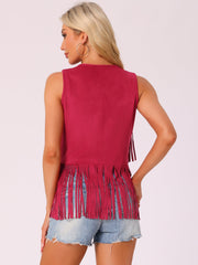 Fringe Open Front 70s Outfits Faux Suede Tassel Vest