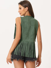 Fringe Open Front 70s Outfits Faux Suede Tassel Vest