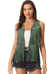 Fringe Open Front 70s Outfits Faux Suede Tassel Vest