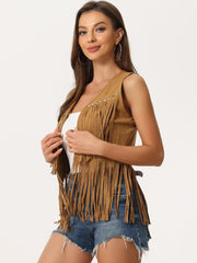 Fringe Open Front 70s Outfits Faux Suede Tassel Vest