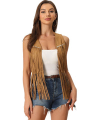 Fringe Open Front 70s Outfits Faux Suede Tassel Vest