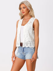 Floral Crochet Hollow Out Sleeveless Open Front Boho Vest Cardigan