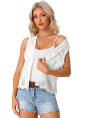 Floral Crochet Hollow Out Sleeveless Open Front Boho Vest Cardigan