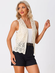 Floral Crochet Hollow Out Sleeveless Open Front Boho Vest Cardigan
