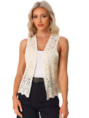 Floral Crochet Hollow Out Sleeveless Open Front Boho Vest Cardigan