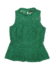 Lace Floral Ruffle Neck Keyhole Back Sleeveless Peplum Top