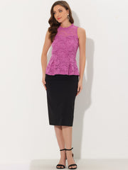 Lace Floral Ruffle Neck Keyhole Back Sleeveless Peplum Top