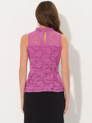 Lace Floral Ruffle Neck Keyhole Back Sleeveless Peplum Top