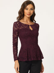 Lace Tops Keyhole Front Peplum Hem Sheer Long Sleeve Blouse