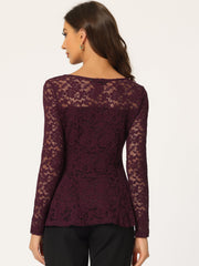 Lace Tops Keyhole Front Peplum Hem Sheer Long Sleeve Blouse