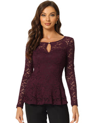 Lace Tops Keyhole Front Peplum Hem Sheer Long Sleeve Blouse