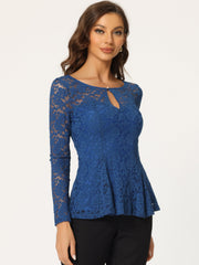 Lace Tops Keyhole Front Peplum Hem Sheer Long Sleeve Blouse