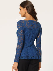 Lace Tops Keyhole Front Peplum Hem Sheer Long Sleeve Blouse