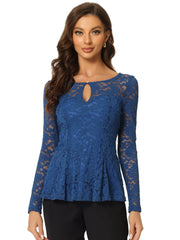 Lace Tops Keyhole Front Peplum Hem Sheer Long Sleeve Blouse