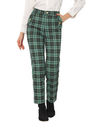 Vintage Tartan Plaid Pants Elastic Waist Straight Long Trousers