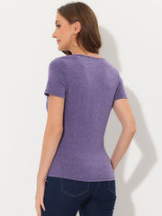 Cowl Neck Short Sleeve Casual Basic Solid Knitted Buttons Decor Ruched Top