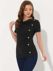 Cowl Neck Short Sleeve Casual Basic Solid Knitted Buttons Decor Ruched Top