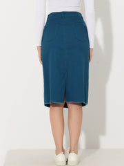 Casual High Waist Back Slit Stretch Denim Midi Skirt