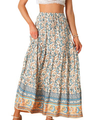 Boho Casual Bohemian Floral Printed Elastic Waist Maxi Skirt