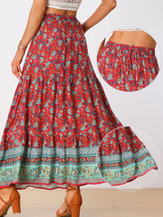 Boho Casual Bohemian Floral Printed Elastic Waist Maxi Skirt