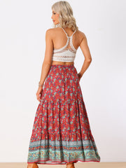 Boho Casual Bohemian Floral Printed Elastic Waist Maxi Skirt