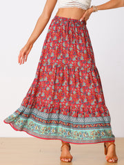 Boho Casual Bohemian Floral Printed Elastic Waist Maxi Skirt
