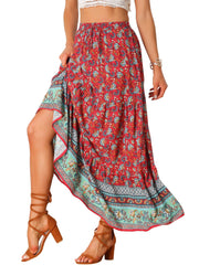 Boho Casual Bohemian Floral Printed Elastic Waist Maxi Skirt