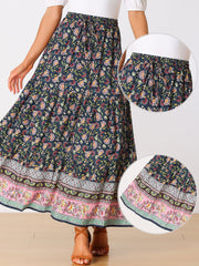 Boho Casual Bohemian Floral Printed Elastic Waist Maxi Skirt