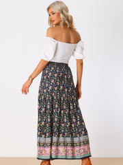 Boho Casual Bohemian Floral Printed Elastic Waist Maxi Skirt