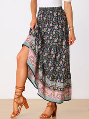 Boho Casual Bohemian Floral Printed Elastic Waist Maxi Skirt