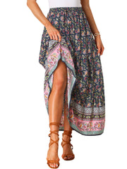 Boho Casual Bohemian Floral Printed Elastic Waist Maxi Skirt