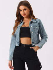 Button Down Long Sleeve Casual Cropped Denim Jacket