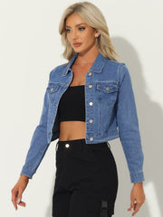 Button Down Long Sleeve Casual Cropped Denim Jacket