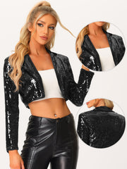Open Front Blazer Notched Lapel Long Sleeve Sparkly Sequin Jacket