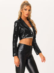 Open Front Blazer Notched Lapel Long Sleeve Sparkly Sequin Jacket