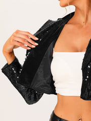 Open Front Blazer Notched Lapel Long Sleeve Sparkly Sequin Jacket