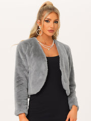 Faux Fur Long Sleeve Open Front Bolero Winter Coat Cropped Jacket