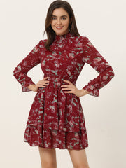 Floral Chiffon Long Sleeve Mock Neck Ruffle Layered Mini Dress