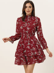 Floral Chiffon Long Sleeve Mock Neck Ruffle Layered Mini Dress