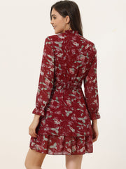 Floral Chiffon Long Sleeve Mock Neck Ruffle Layered Mini Dress