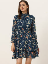 Floral Chiffon Long Sleeve Mock Neck Ruffle Layered Mini Dress