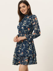 Floral Chiffon Long Sleeve Mock Neck Ruffle Layered Mini Dress