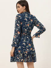 Floral Chiffon Long Sleeve Mock Neck Ruffle Layered Mini Dress