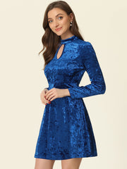 Keyhole Neck High Waist Long Sleeve Velvet Swing Mini Dress