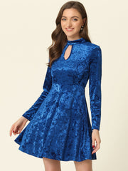 Keyhole Neck High Waist Long Sleeve Velvet Swing Mini Dress
