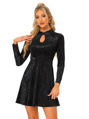 Keyhole Neck High Waist Long Sleeve Velvet Swing Mini Dress