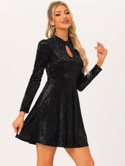 Keyhole Neck High Waist Long Sleeve Velvet Swing Mini Dress