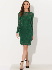 Lace Boat Neck Long Sleeve Cocktail Bodycon Pencil Dress