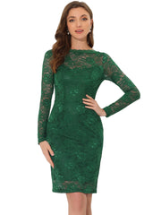 Lace Boat Neck Long Sleeve Cocktail Bodycon Pencil Dress