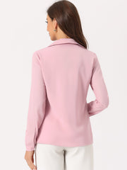 V Neck Point Collar Mesh Sleeve Button Down Work Office Shirt